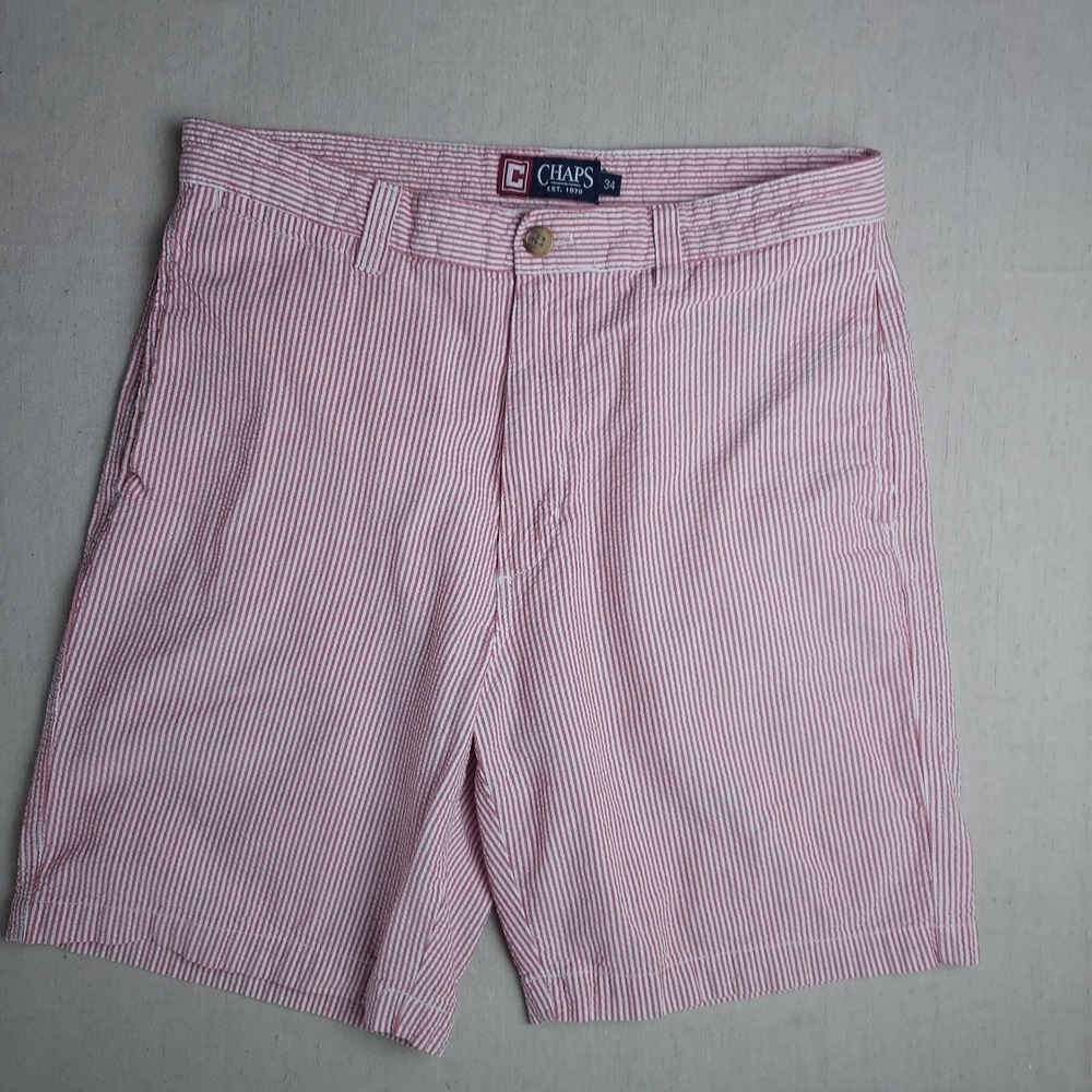 Chaps Mens 34 Red White Seersucker Shorts Cotton Flat Front Preppy Casual - Picture 2 of 10